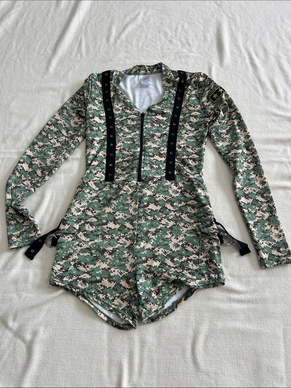 Spirit Green Digital Camo Long-Sleeve Romper- great for Halloween